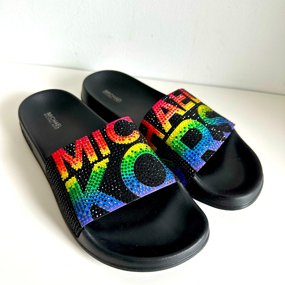 NEW Michael Kors Black Rhinestones Rainbow Slides Sandals
